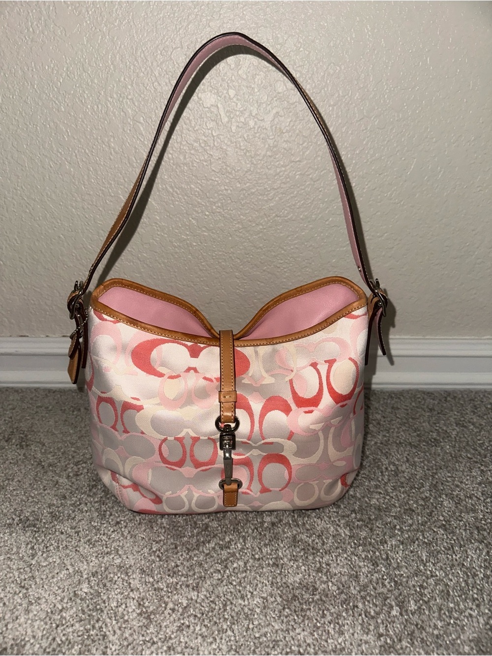Coach Pink Signature Logo Shoulder Bag with Tan Trim